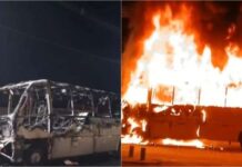 Ônibus de viagem é destruído por fogo na madrugada em avenida de Poconé