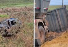Motorista morre preso às ferragens após batida com carreta na BR-364